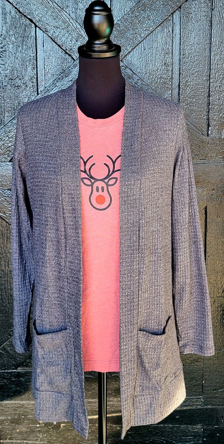 Charcoal Grey Waffle Knit Cardigan with Pockets