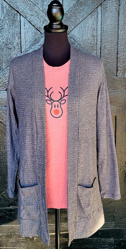 Charcoal Grey Waffle Knit Cardigan with Pockets