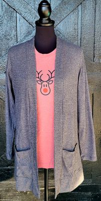 Charcoal Grey Waffle Knit Cardigan with Pockets