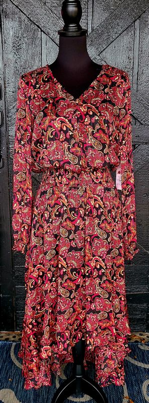 Black and Wine Floral Smocked Waist Dress