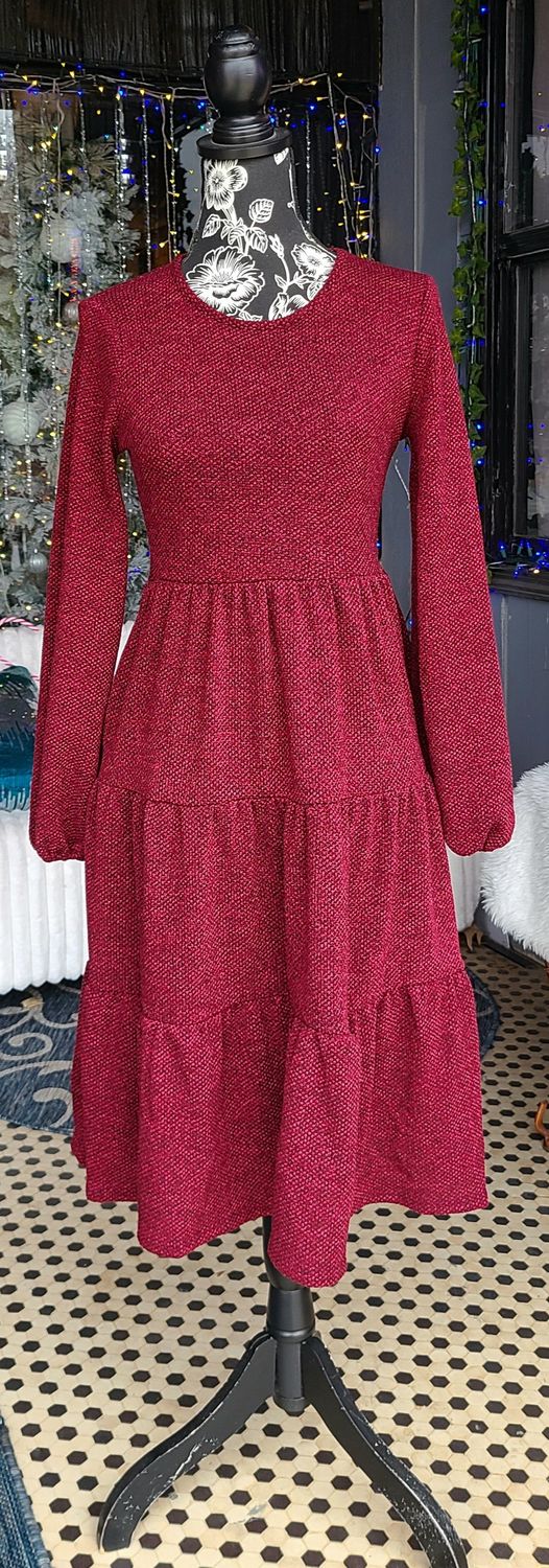 Burgundy Tiered Sweater Dress with Pockets
