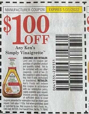 $1.00/1 Ken's Simply Vinaigrette Expires 1-31-2022