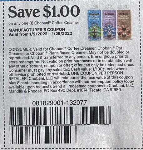 $1.00/1 Chobani Coffee Creamer Expires 1-29-2022