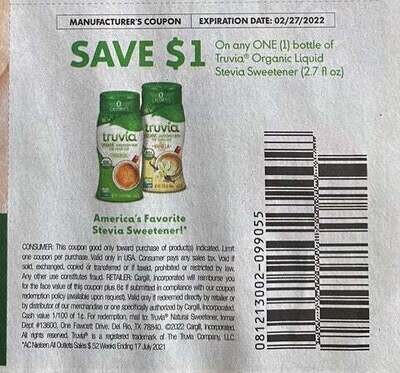 $1.00/1 Truvia Stevia Sweetener 2.7 oz Expires 2-27-2022