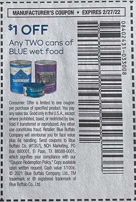 $1.00/2 Cans of Blue Wet Food Expires 2-27-2022