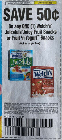 $0.50/1 Welch's Juicefuls Juicy Fruit Snacks or Fruit n Yogurt Snacks Expires 2-12-2022