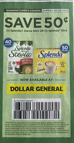 $0.50/1 Splenda Stevia 40 ct. Splenda 50 ct. Expires 2-28-2022
