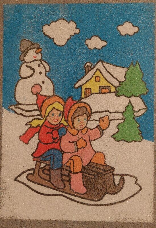 Kinder auf dem Schlitten Sandbild