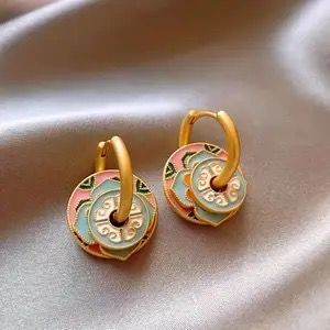 Gold Enamel decorative hoop earrings