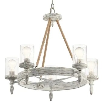 5 - Light Coastal Chandelier Distressed White with Rope Accents