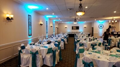 Aqua &amp; Warm White Uplights &amp; Drapery
