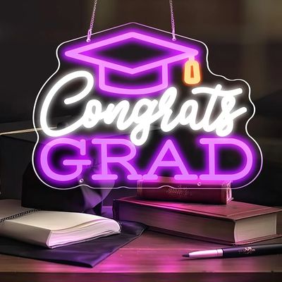 "Congrats Grad" LED Neon Sign - Purple &amp; Yellow