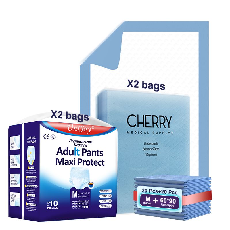 Cherry Medical Supply 20 Pieces Adult Diapers Pull Up Pant Style Medium – Large Size (Waist Size 60 cm – 110 cm) Plus 20 Pieces 60 cm X 90 cm Disposable Underpads Absorbency Leak Protection Unisex
