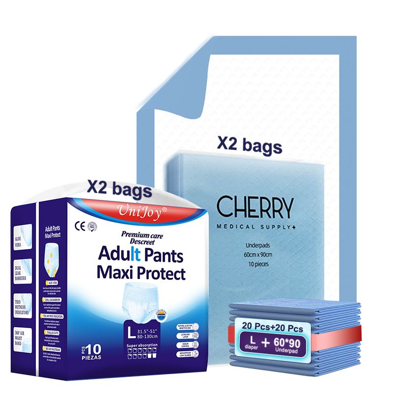 Cherry Medical Supply 20 Pieces Adult Diapers Pull Up Pant Style Large – Extra Large (Waist Size 80 cm – 130 cm) Plus 20 Pieces 60 cm X 90 cm Disposable Underpads Absorbency Leak Protection Unisex