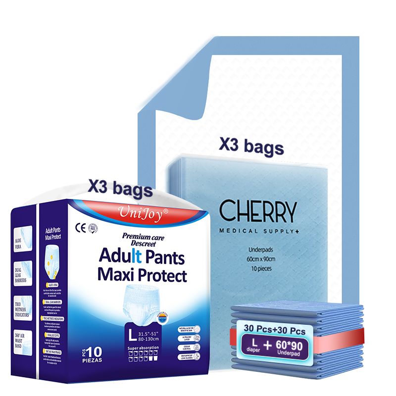 Cherry Medical Supply 30 Pieces Adult Diapers Pull Up Pant Style Large – Extra Large (Waist Size 80 cm – 130 cm) Plus 30 Pieces 60 cm X 90 cm Disposable Underpads Absorbency Leak Protection Unisex