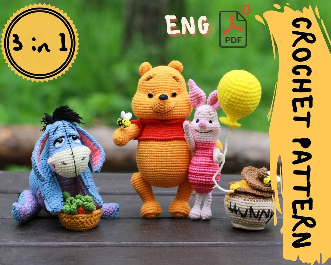 Crochet pattern 3in1 | Winnie the Pooh, Eeyore, Piglet | PDF-ENG