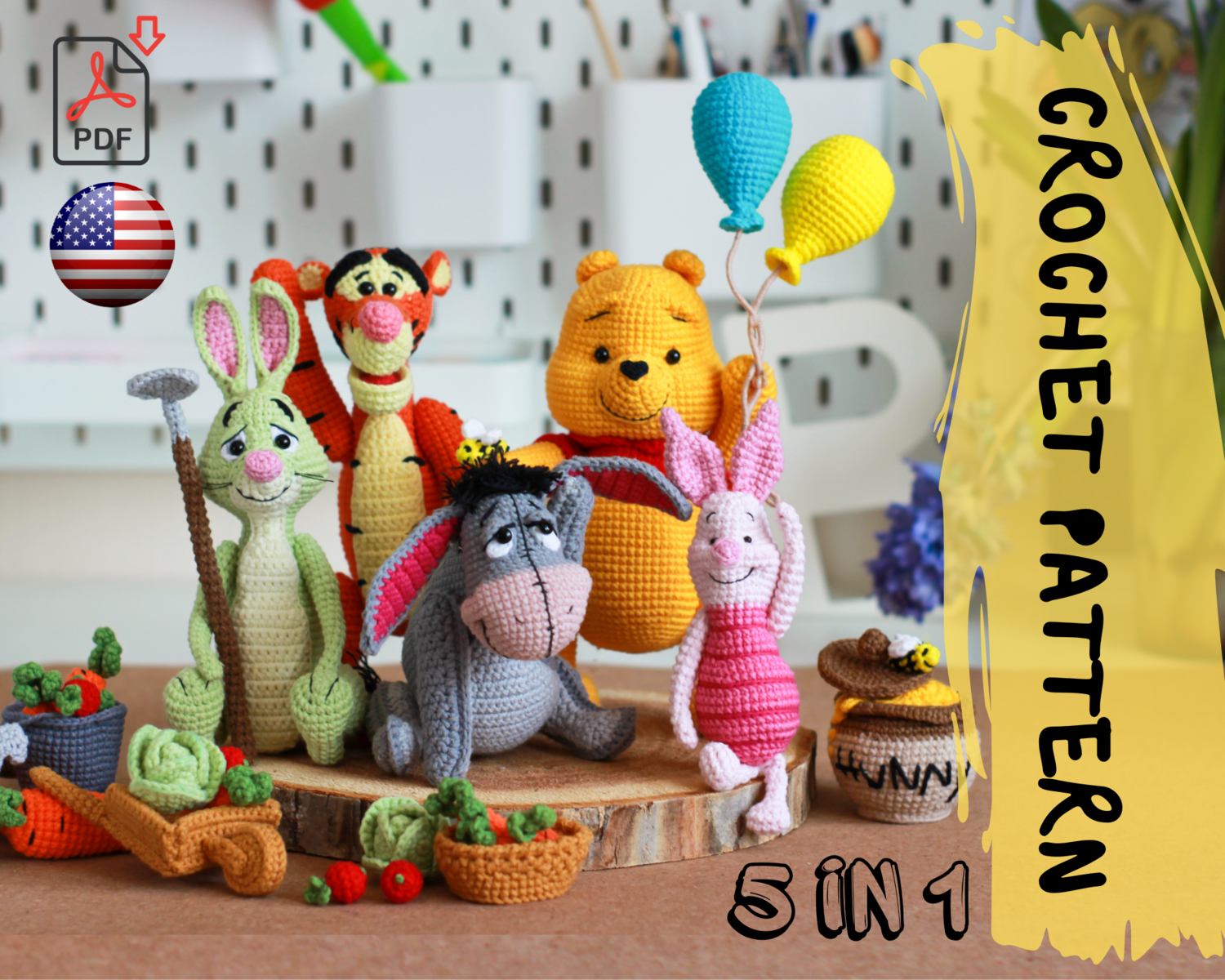 Crochet pattern 5 in 1 | Pooh, Eeyore, Piglet, Tigger, Rabbit | PDF | ENG