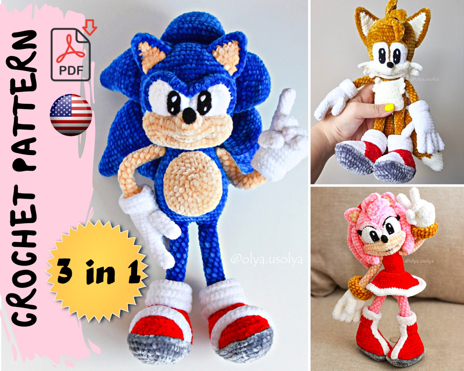 Crochet pattern 3 in 1 | Sonic, Tails, Amy Rose | PDF-ENG