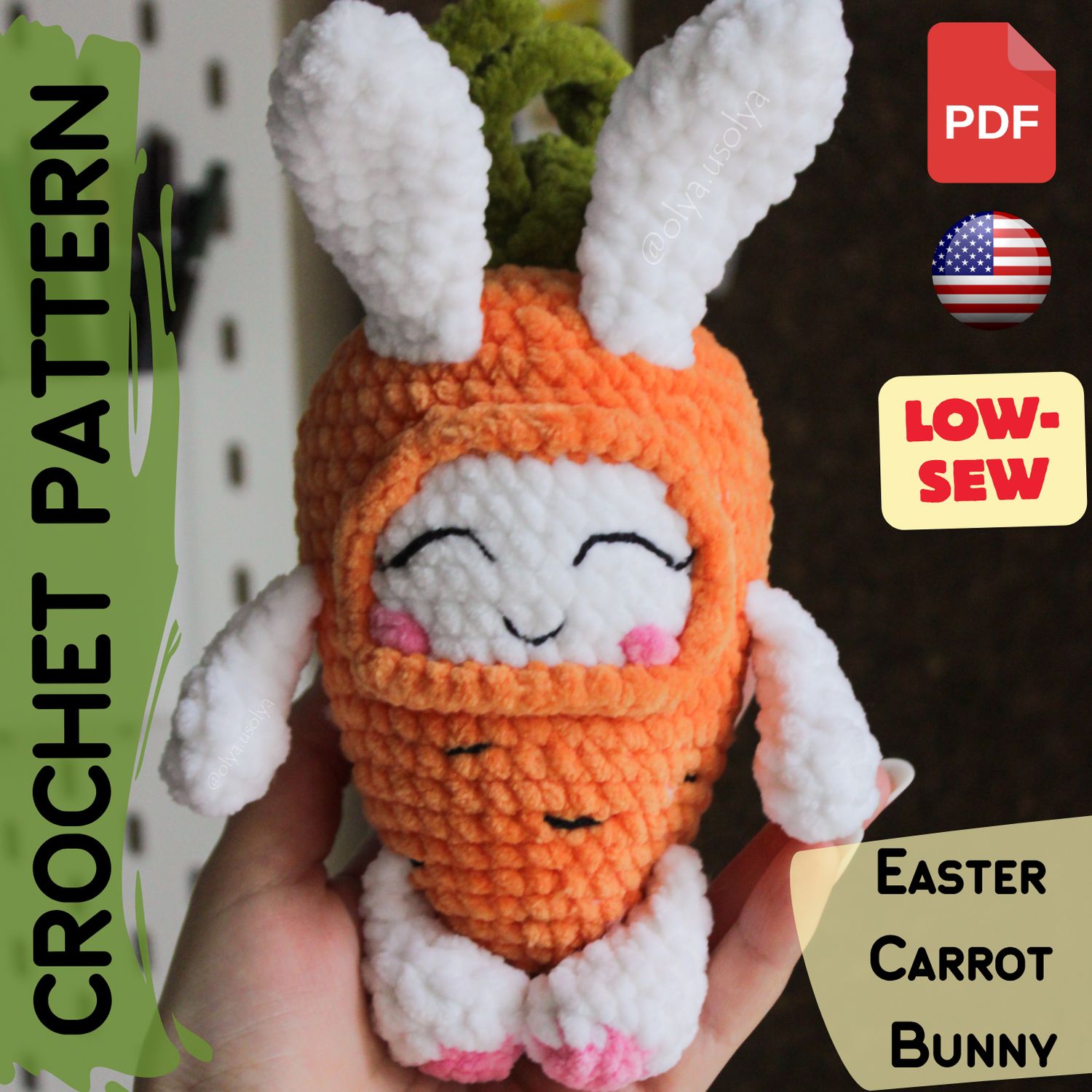 FREE Crochet Pattern | Easter Carrot Bunny | PDF | ENGLISH | Amigurumi Low-sew