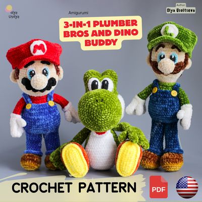Crochet Pattern 3-in-1 | Bundle: Plumber Brothers and Dino Buddy | PDF | ENGLISH | Crochet Pattern 3-in-1 | Bundle: Plumber Brothers and Dino Buddy | PDF | ENGLISH |