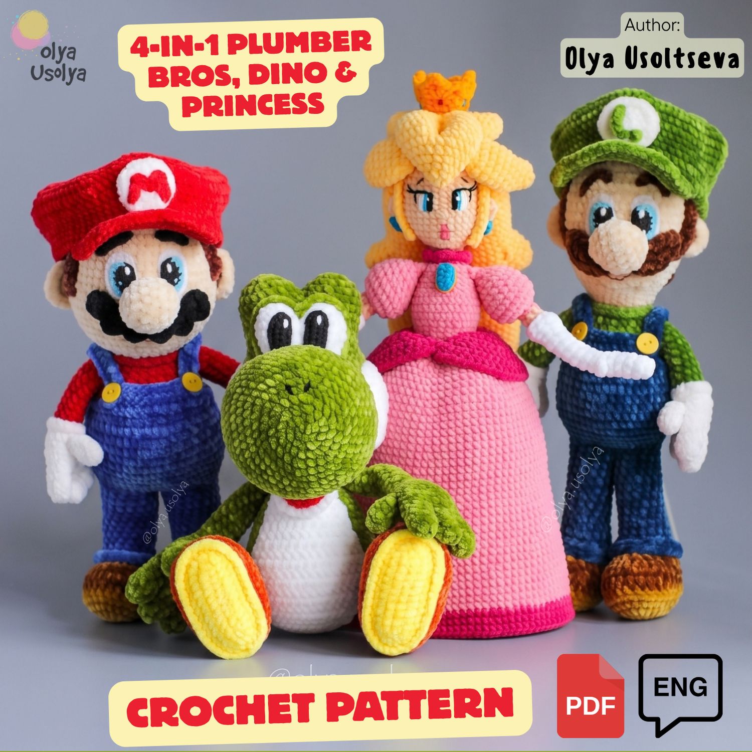 Crochet Pattern 4-in-1 | Bundle: Plumber Brothers, Pink Castle Princess &amp; Dino Buddy | PDF | ENGLISH |