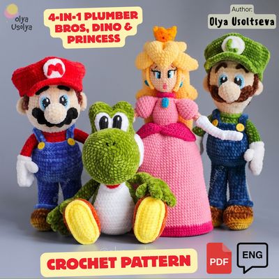 Crochet Pattern 4-in-1 | Bundle: Plumber Brothers, Pink Castle Princess & Dino Buddy | PDF | ENGLISH | Crochet Pattern 4-in-1 | Bundle: Plumber Brothers, Pink Castle Princess & Dino Buddy | PDF | ENGLISH |