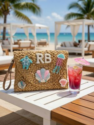 Personalised Straw Embellished Beach Clutch Girls Trip Personalised Straw Embellished Beach Clutch Girls Trip