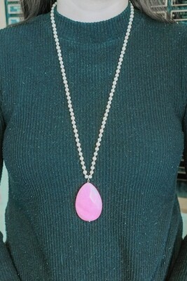 JM Wooden Bead &amp; Pink Stone Necklace