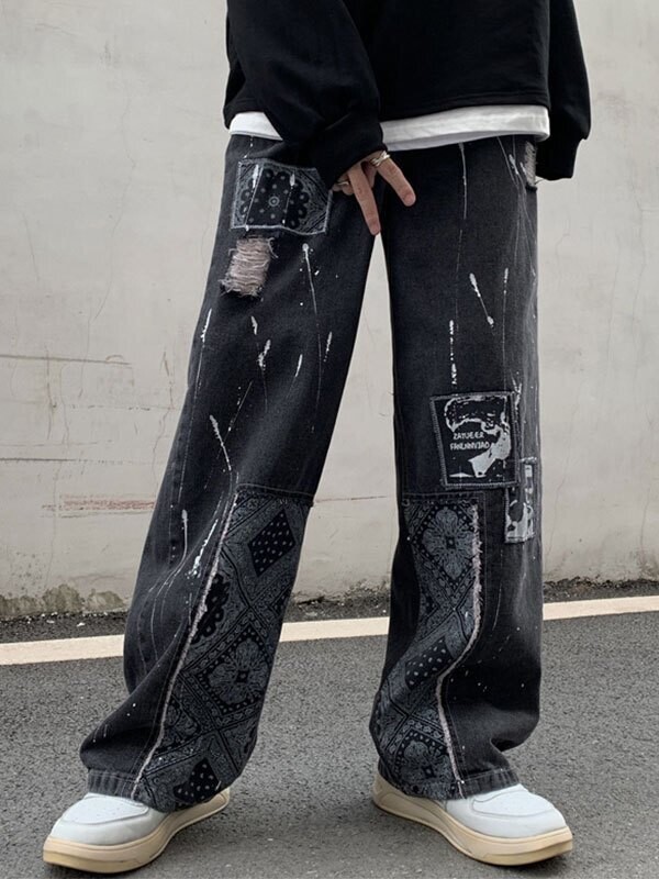 Patchwork Paisley Print Distressed Jeans