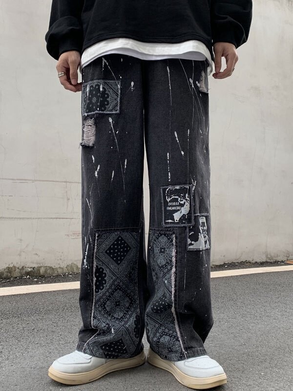 Patchwork Paisley Print Distressed Jeans