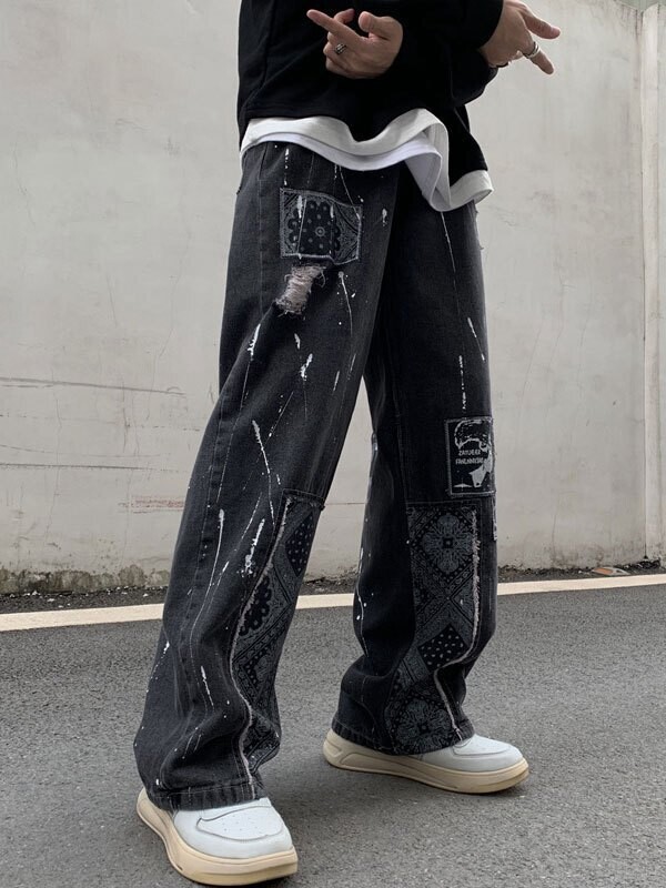 Patchwork Paisley Print Distressed Jeans