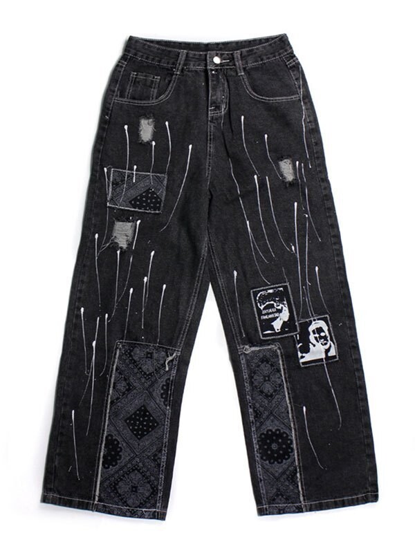 Patchwork Paisley Print Distressed Jeans