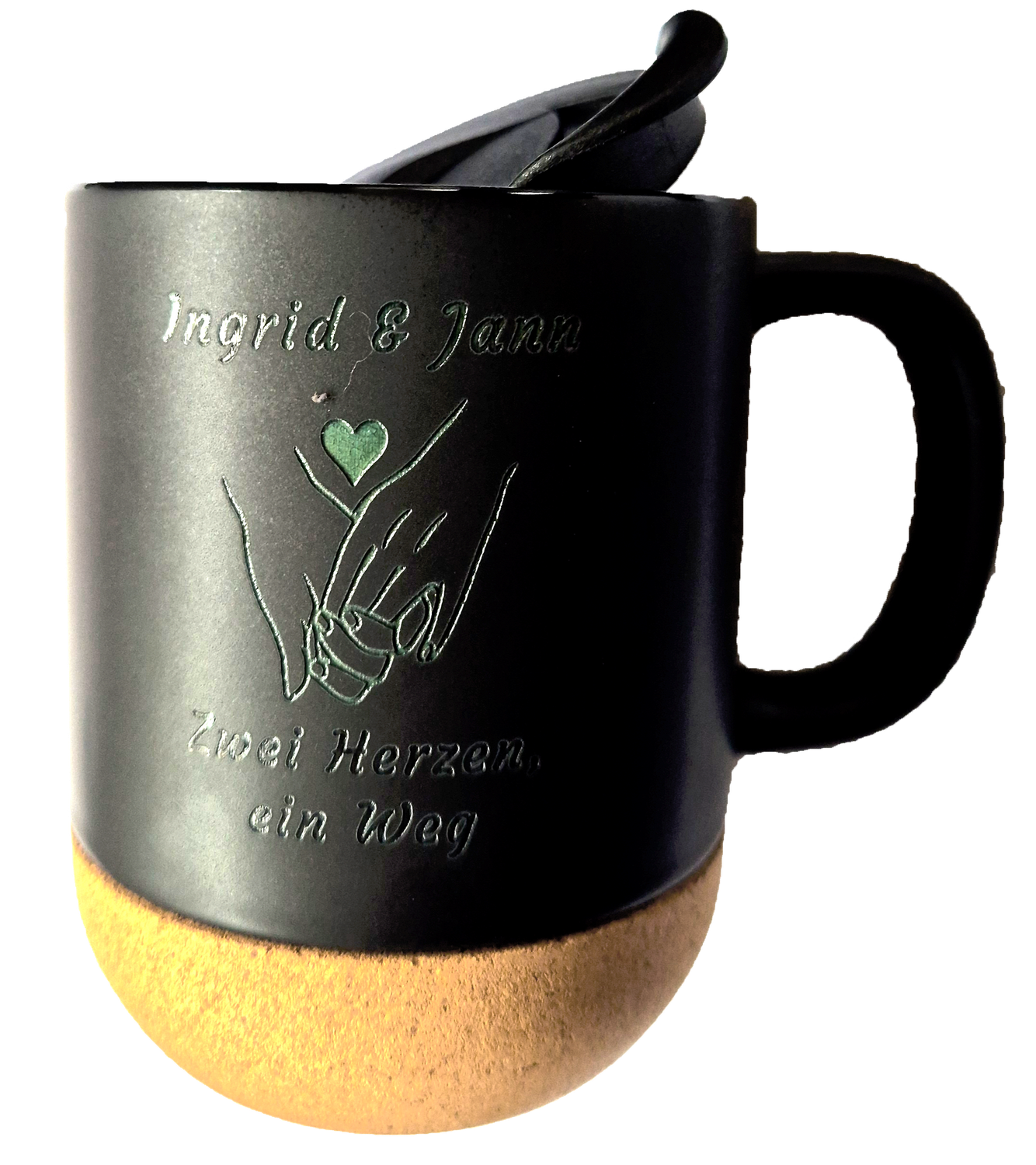 Schwarze Keramiktasse mit abnehmbaren Korkboden und Deckel, inkl. Laserung nach Ihren Wünschen