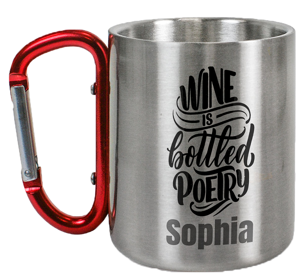 Thermobecher 220 ml, inkl. Laserung nach Ihren Wünschen. Verschiedene Farben des Karabiner-Hakens lieferbar. Bitte wählen sie aus.