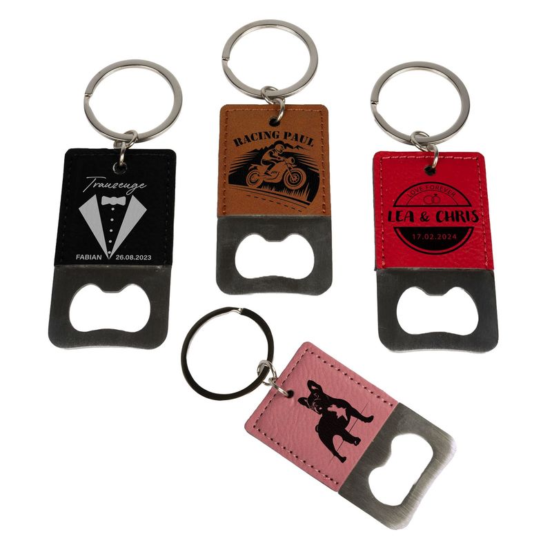 Edelstahl-Flaschenöffner-Schlüsselanhänger mit Kunstleder-Beschichtung div. Farben, inkl. Ihrer individuellen Laserung Edelstahl-Flaschenöffner-Schlüsselanhänger mit Kunstleder-Beschichtung div. Farben, inkl. Ihrer individuellen Laserung