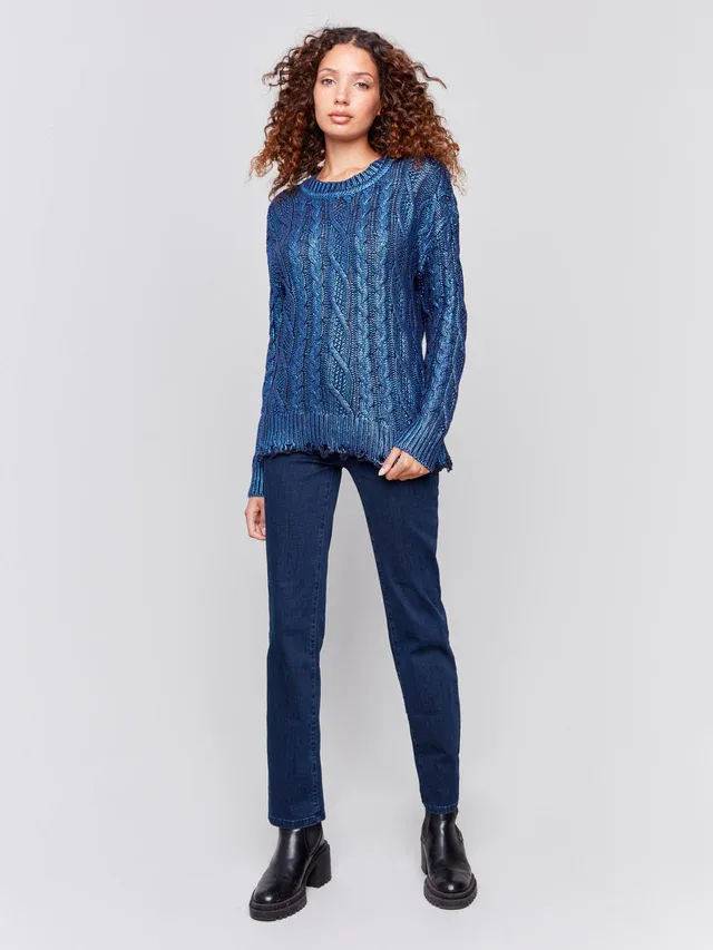 Metallic Cable Knit Blue Sweater