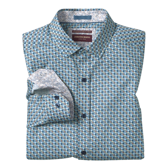 Johnston &amp; Murphy Cotton Diamond Print Shirt - Blue/Brown