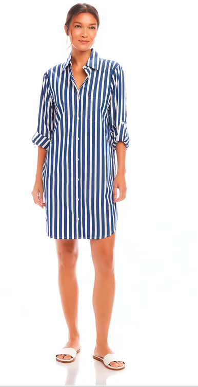 Roll Tab Stripe Shirtdress - Navy/White