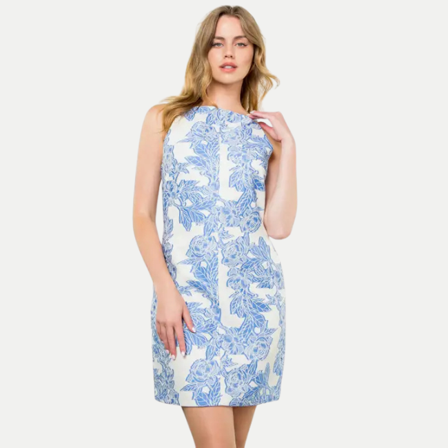 THML Embroidered Flower Halter Dress -  Blue