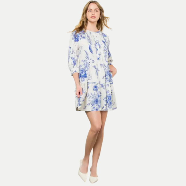 THML Floral Toile Midi Dress - Blue/White