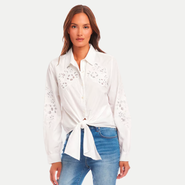 Karen Kane Embroidered Tie Front Top - White
