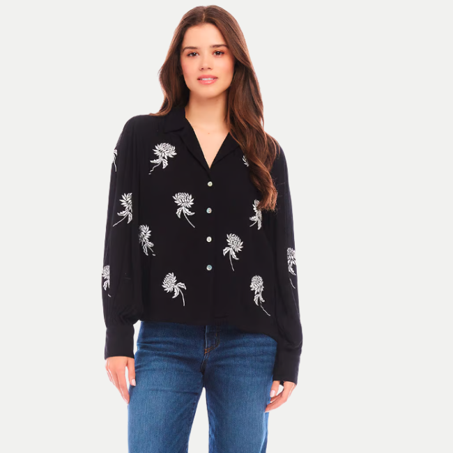 Karen Kane Floral Embroidered Blouse - Black/White