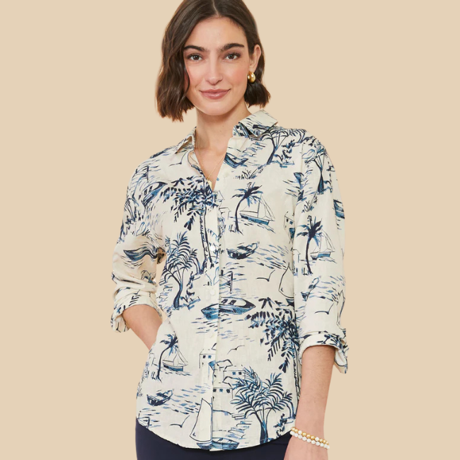 Spartina Aida Relax Button-down - Clara Seascape Cream