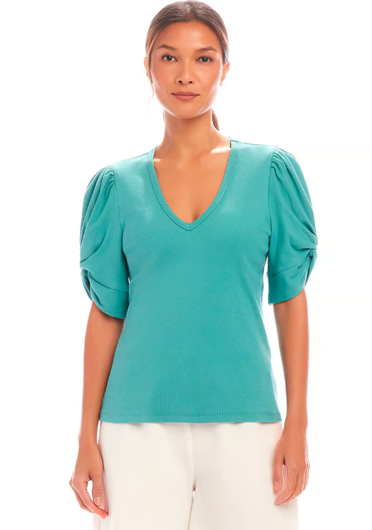 Karen Kane Ribbed Twist Sleeve V-neck - Aqua