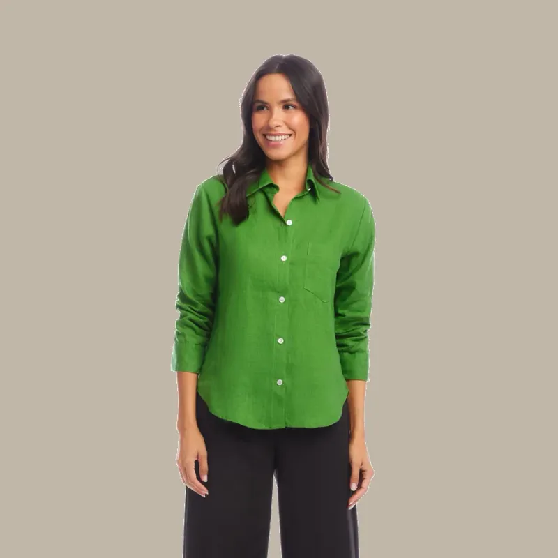 Karen Kane Linen Ruched Sleeve Shirt - Green