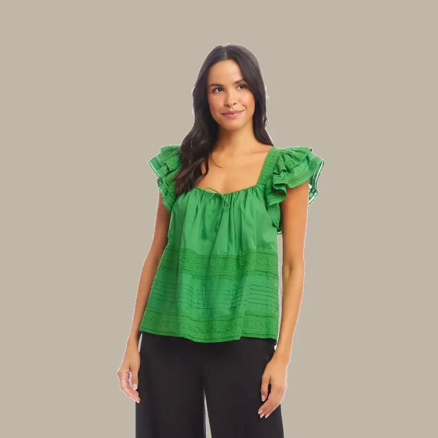 Karen Kane Embroidered Ruffle Sleeve Blouse - Green