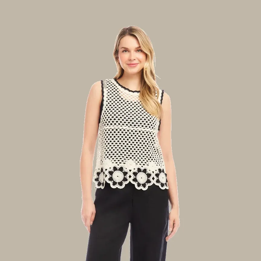 Karen Kane Crochet Flower Detail Tank - Natural With Black