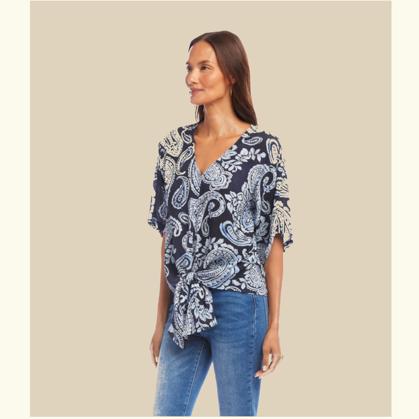 Karen Kane Tie Front Top - Blue Navy Paisley