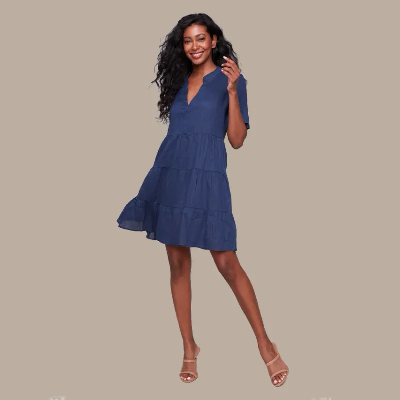 Charlie B Tiered Linen Blend Dress - Navy