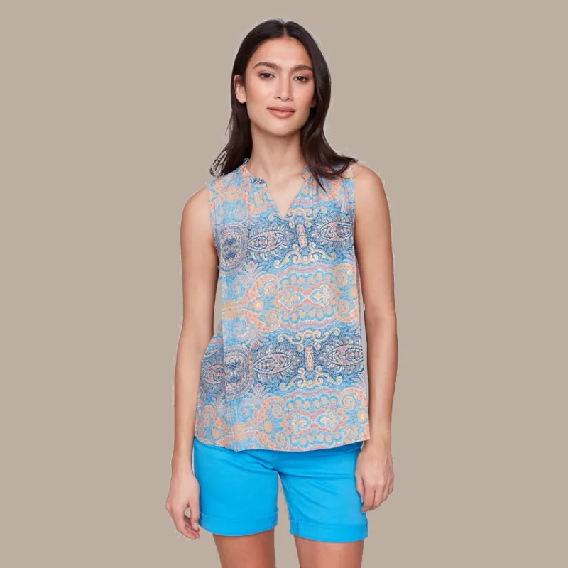 Charlie B Printed Sleeveless Ruffle Neck Top - Papaya